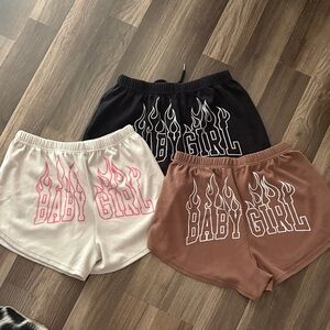 SHEIN 'Baby Girl' Flame Print Athletic Shorts - Black, White, Brown